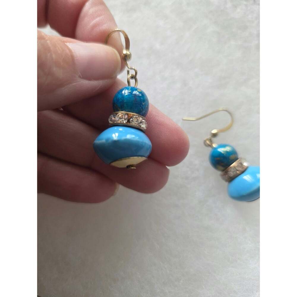 Vintage Marbled beads, crystal rhinestone spacer turquoise gold French hook wire